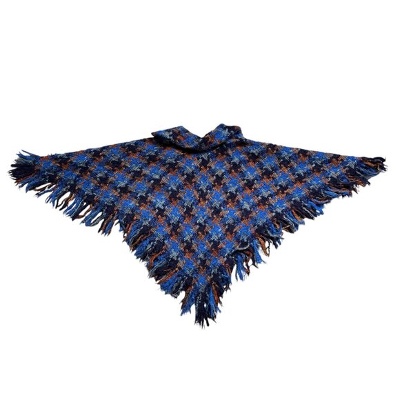 70s Vintage Wool Sweater Cape Arolan Kutomo Finland Boho Hippie Fringe Plaid. - Picture 7 of 13